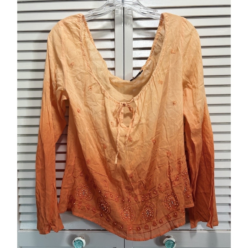 Magazine Orange Blouse Size L Sheer Long Sleeve Chiffon Tie Neck Beads